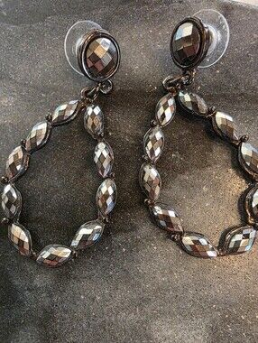 Gunmetal Hematite Faceted Crystal Open Teardrop Dangle Earrings